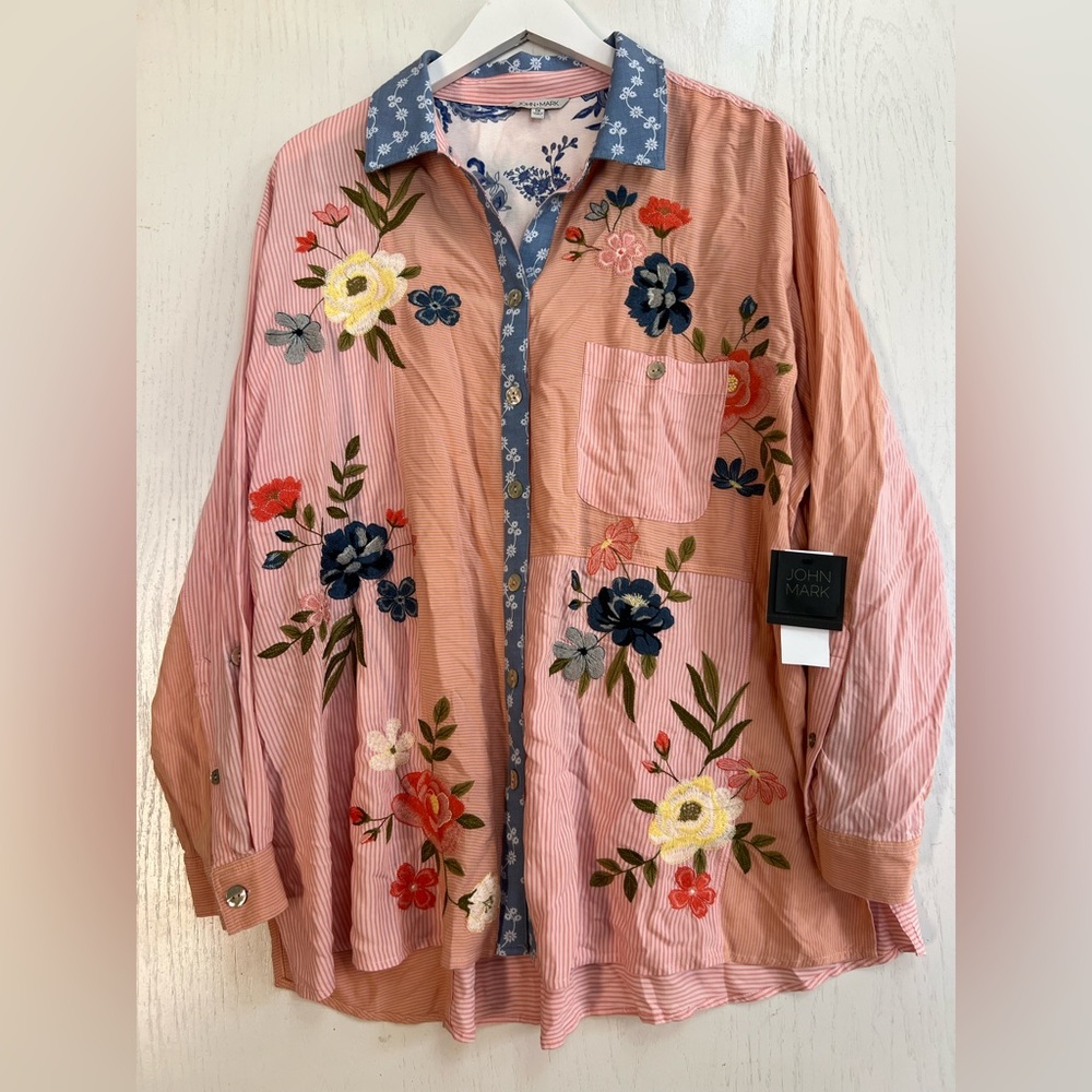 NWT John Mark Striped Floral Boho Button Up Tunic Top Size 1X